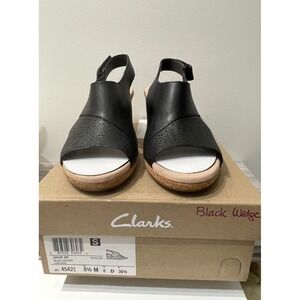 Clarks Lafley Joy Black Leather Perforated Wedge Sandals 8.5M 45421 New